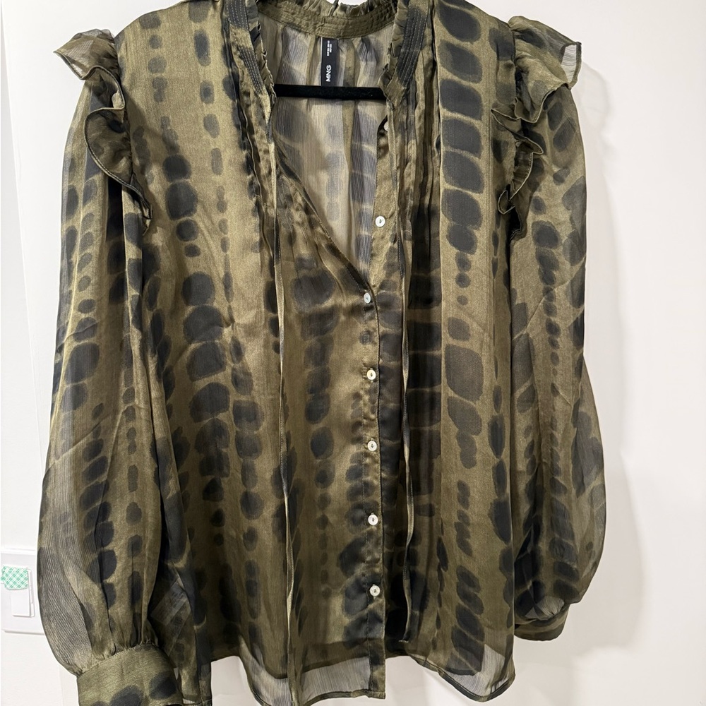 Mango Olive Sheer Patterned Blouse - image 1
